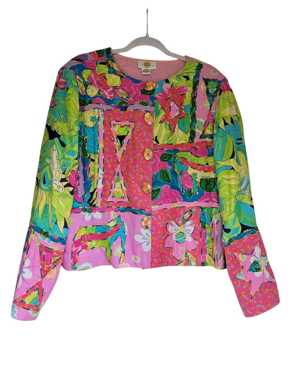 Vtg Sandy Starkman Vibrant Elephant Patchwork Button- Shirt Jacket Pink Green